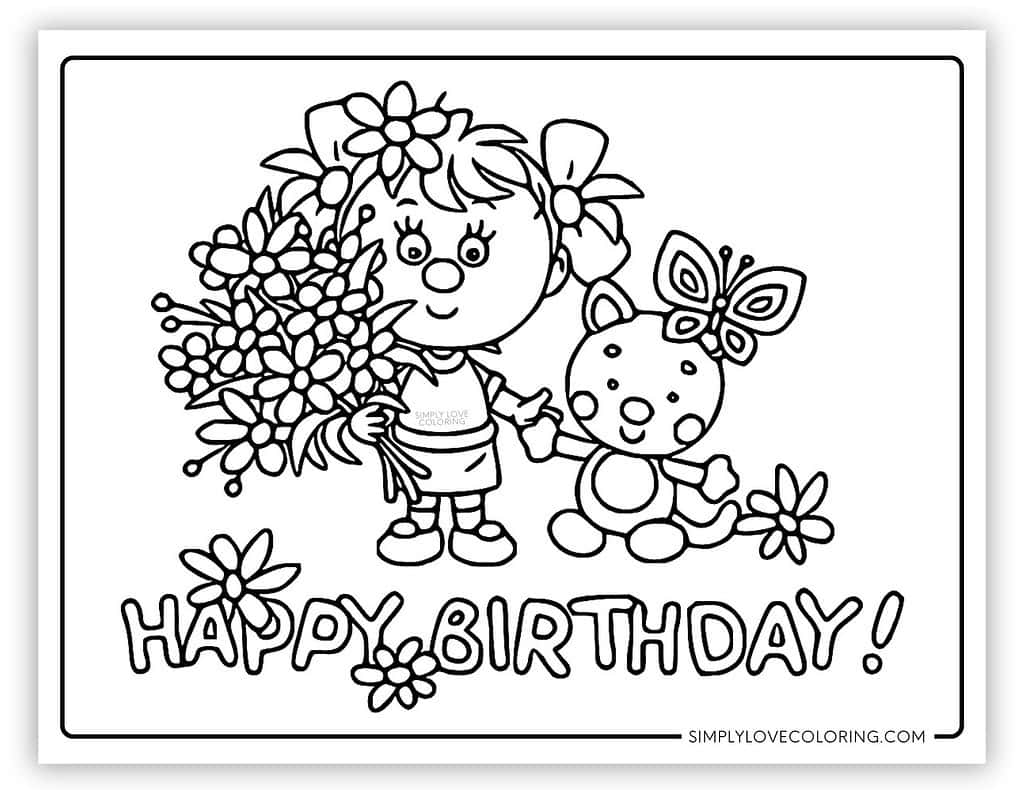 Cute Girl holding kittens paw Happy Birthday Coloring Page