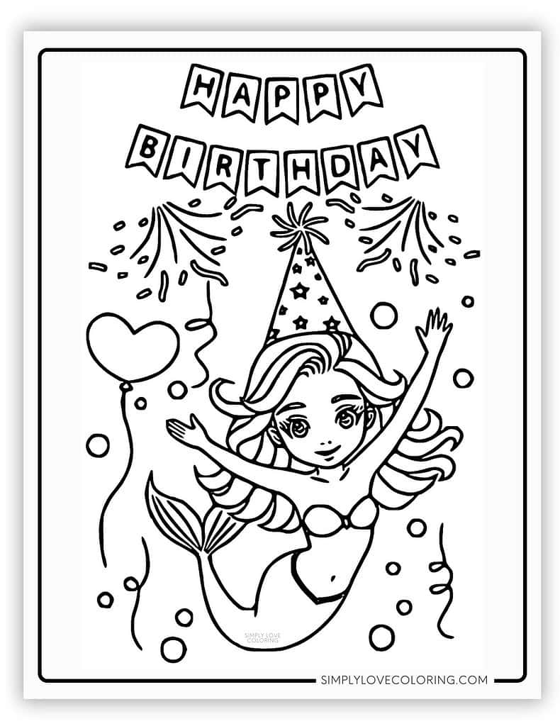 Cute Mermaid Happy Birthday Coloring Page