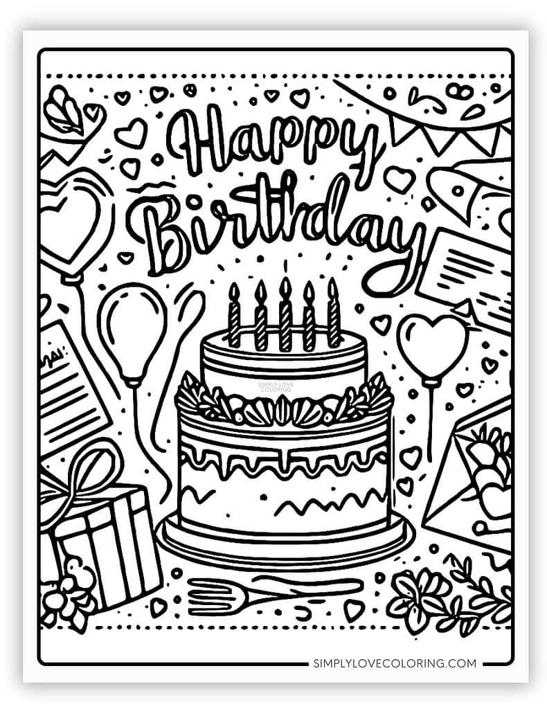 Decorated Cake Happy Birthday Coloring Page