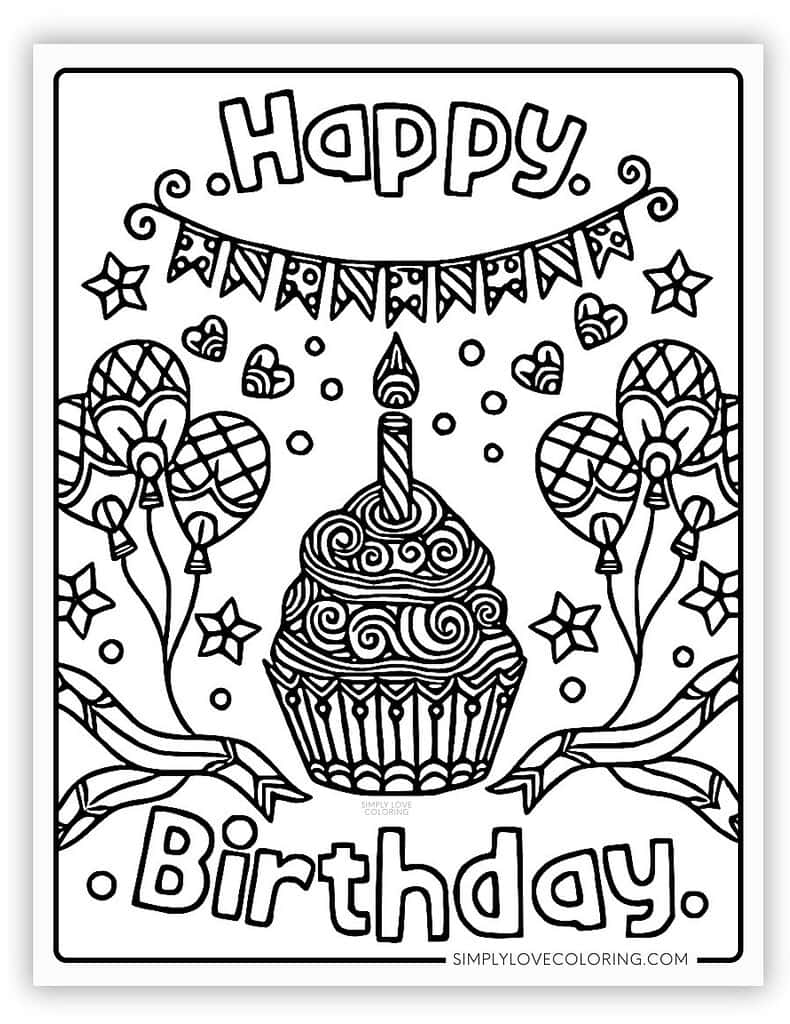 Decorated Cupcake Happy Birthday Coloring Pages