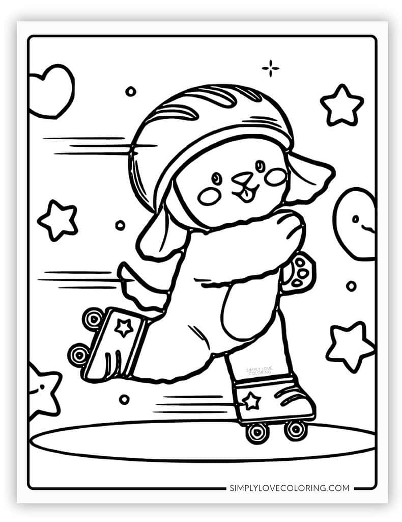 Dog Rollerskating Kawaii Coloring Page