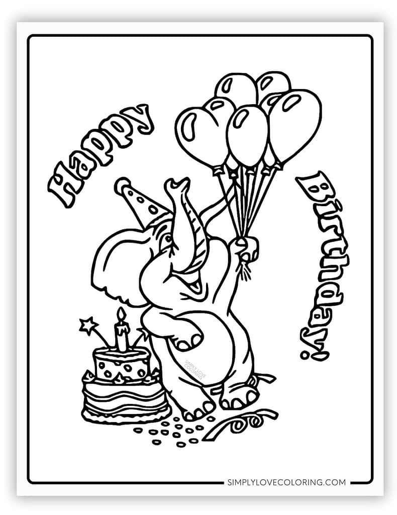 Elephant holding balloons Happy Birthday Coloring Pages