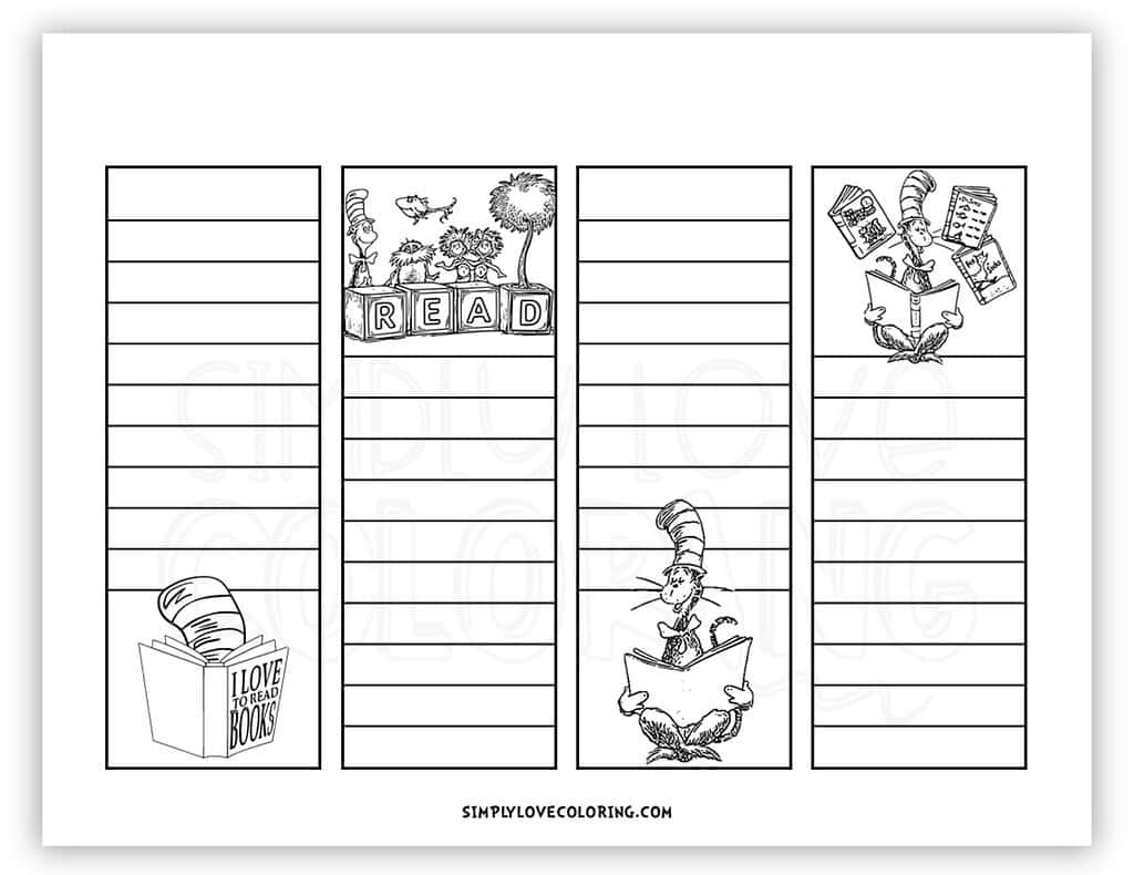 Fun Reading Dr Seuss Bookmarks to Color