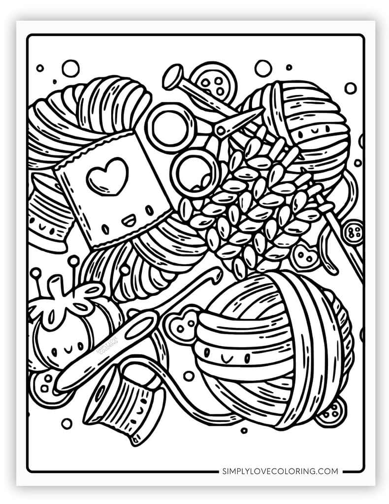Knitting Elements Kawaii Coloring Page