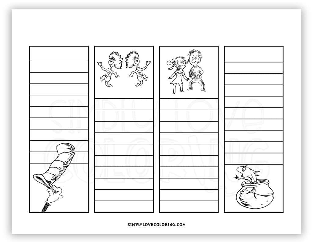 Lined Dr Seuss Bookmarks to Color