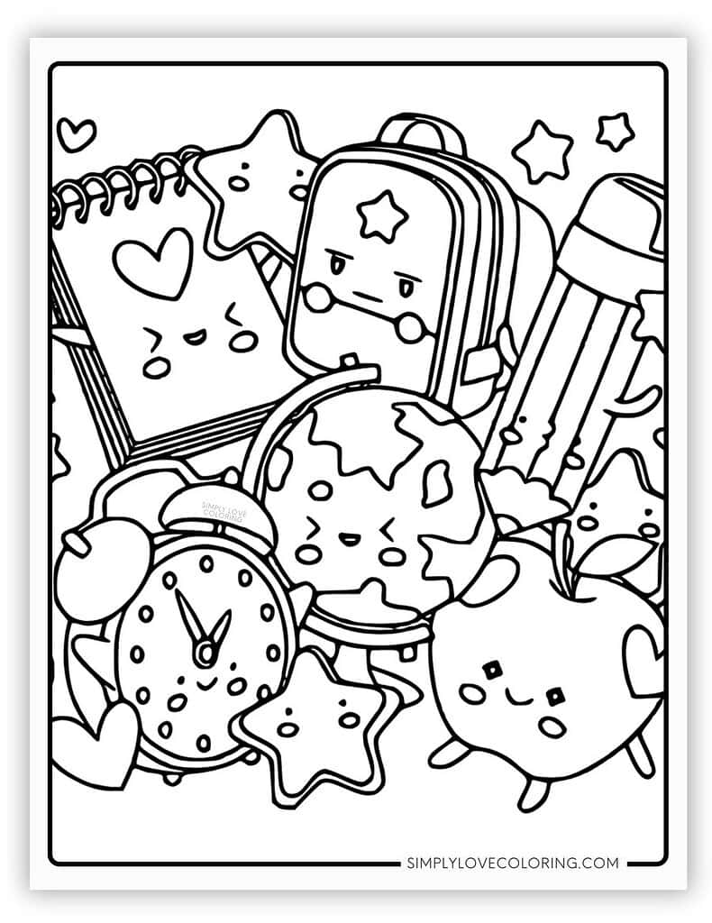 School Elements Kawaii Coloring Page