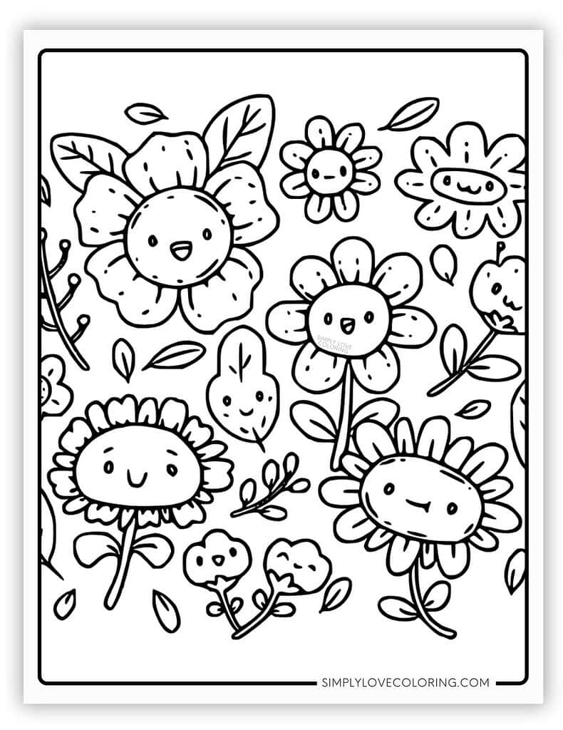 Silly Flowers Kawaii Coloring Page
