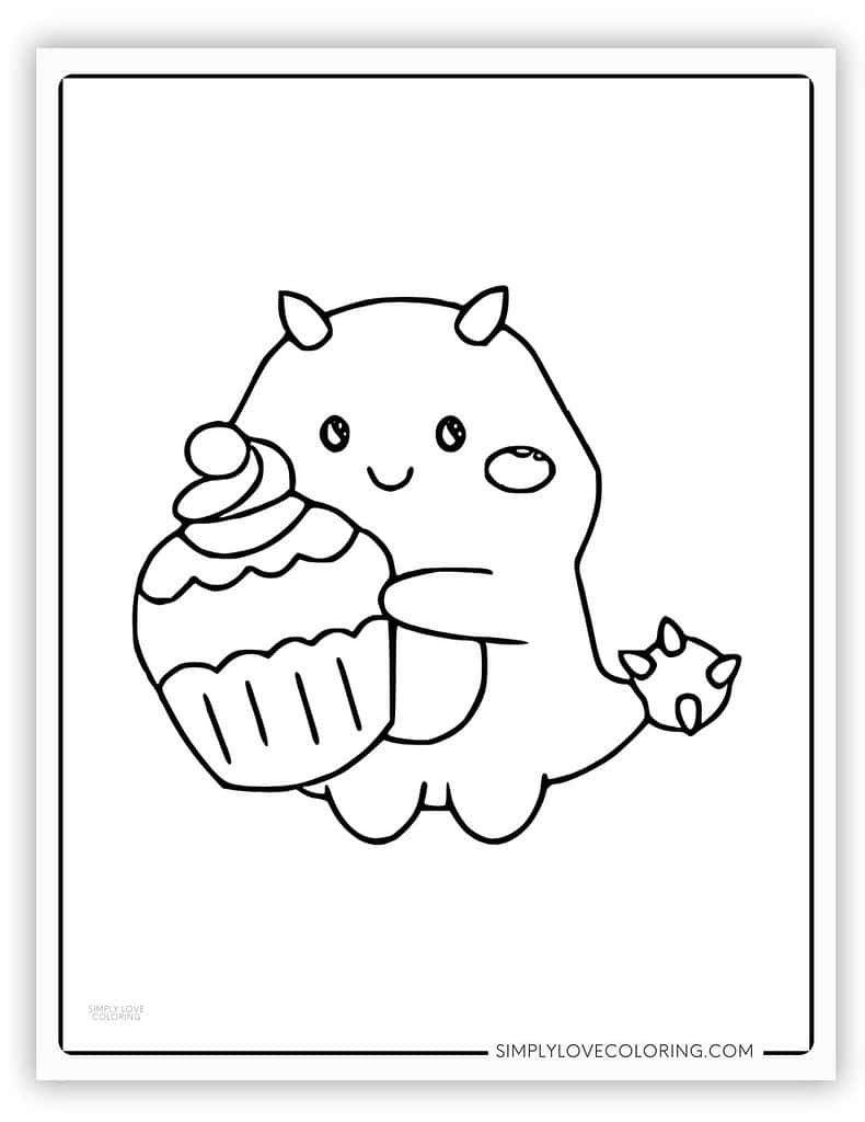 Sweet Dinosaur holding cupcake Happy Birthday Coloring Page