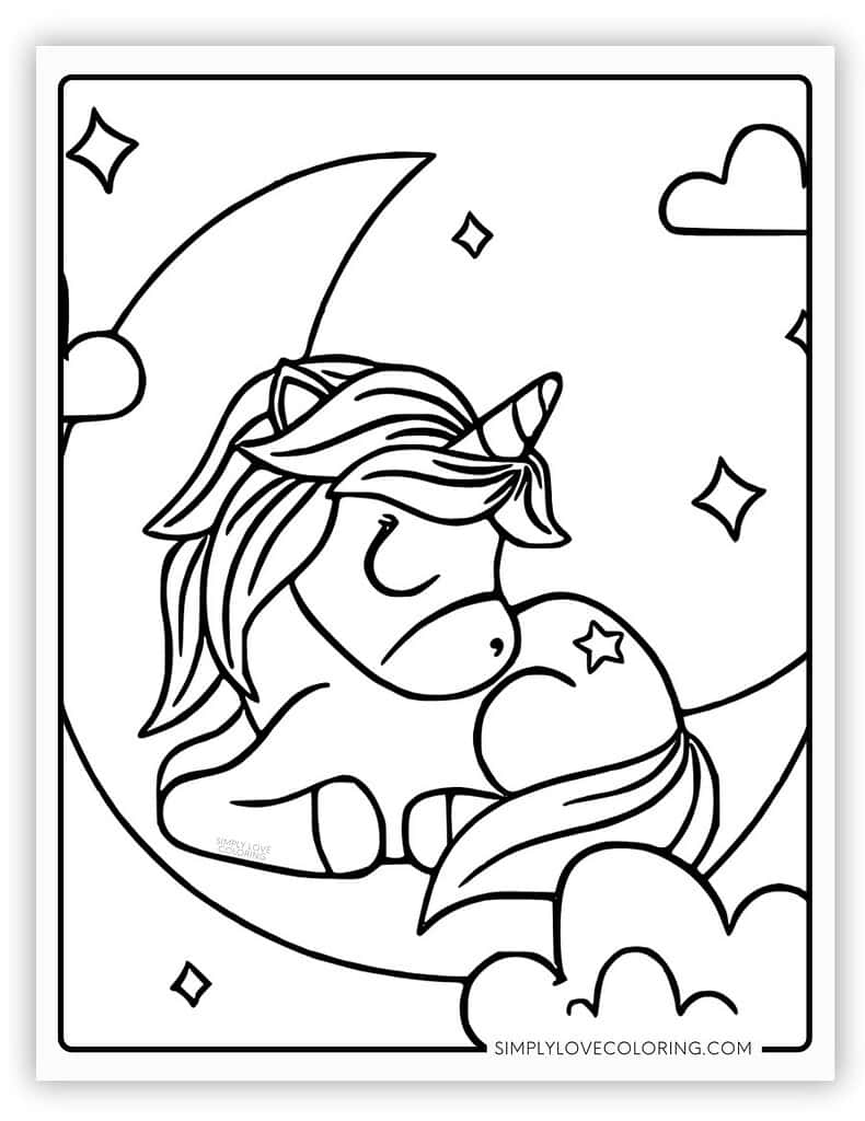 Unicorn Sleeping on Moon Kawaii Coloring Page