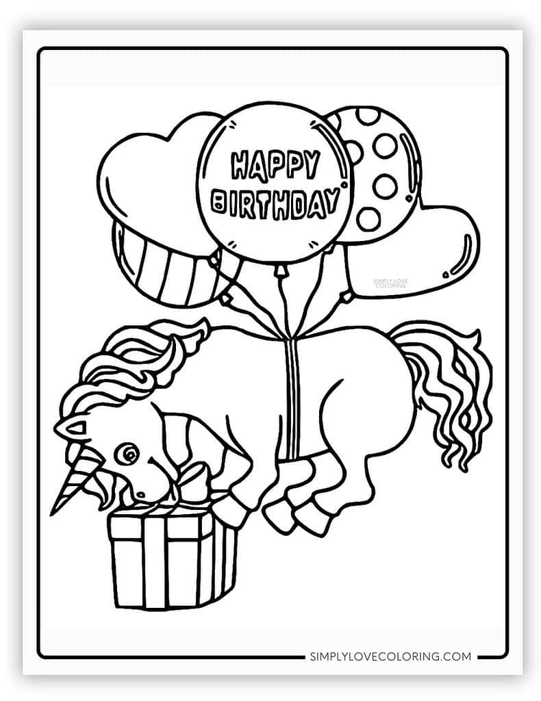 Unicorn floating by balloons Happy Birthday Coloring Page