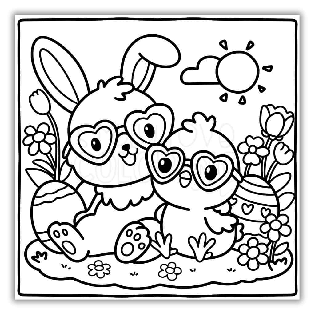 Easter Bunny and Chick Wearing Sunglasses Coloring Sheet
