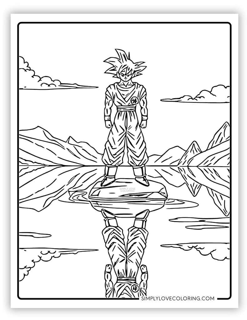 Goku Looks at Reflection in Water Goku Coloring Page