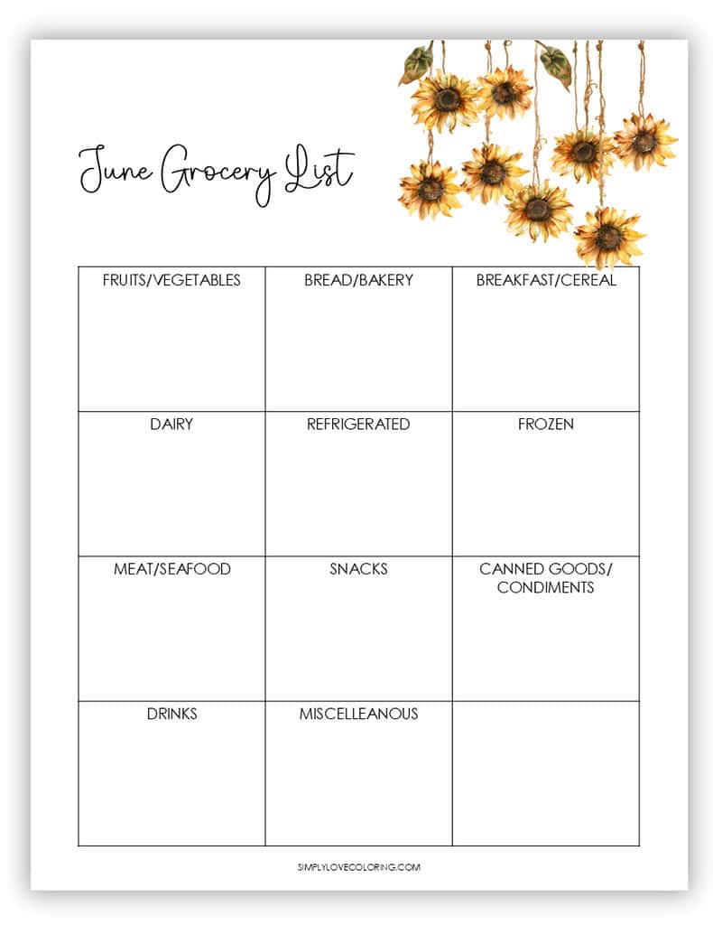 Grocery List June Planner Printables