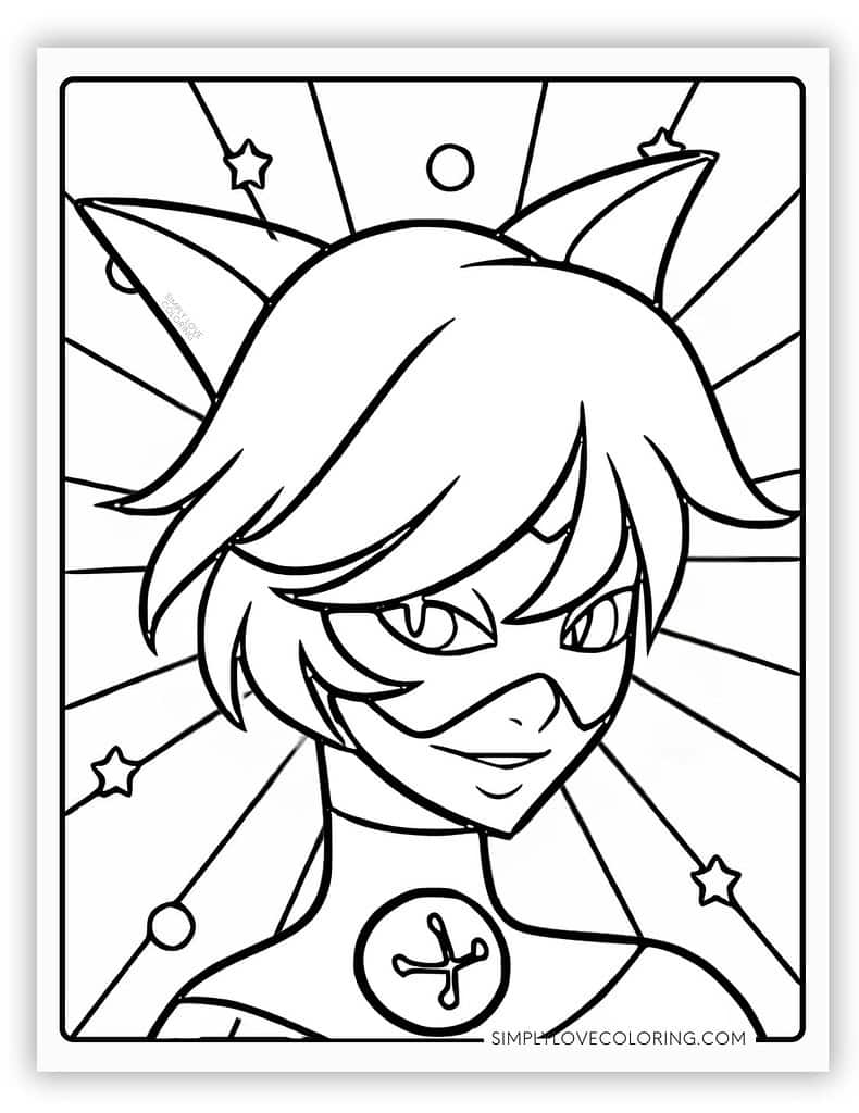 Headshot of Cat Noir Miraculous Ladybug Coloring Page