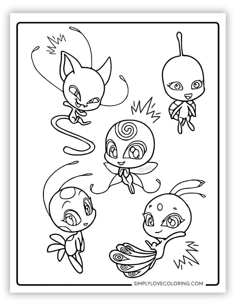Variety of Kwamis Miraculous Ladybug Coloring Page