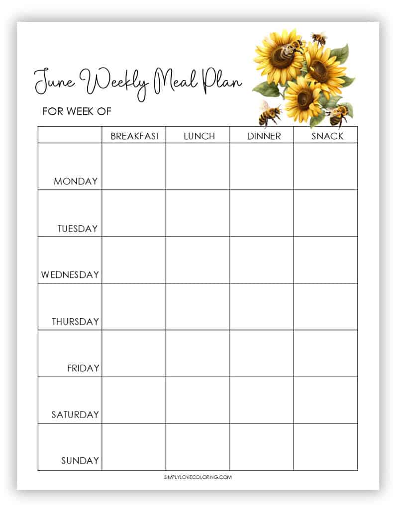Weekly Meal Plan June Planner Printables