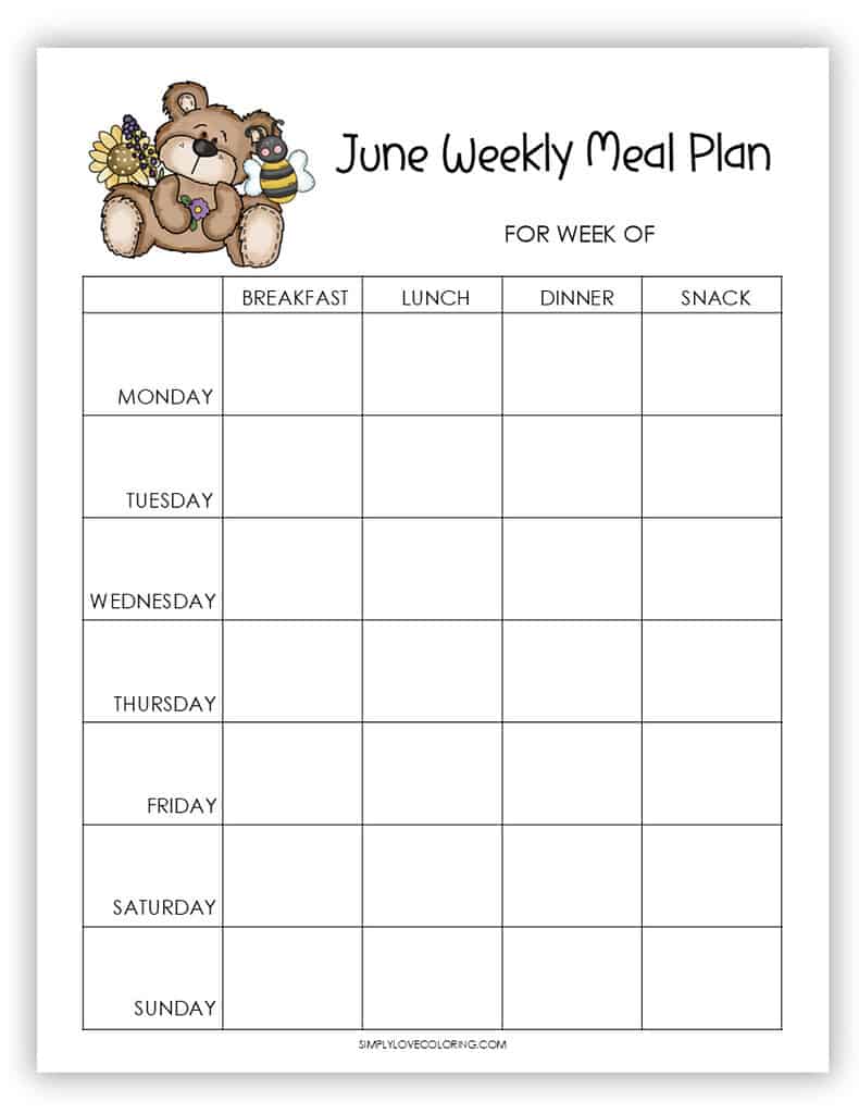 Weekly Meal Plan June Planner Printables