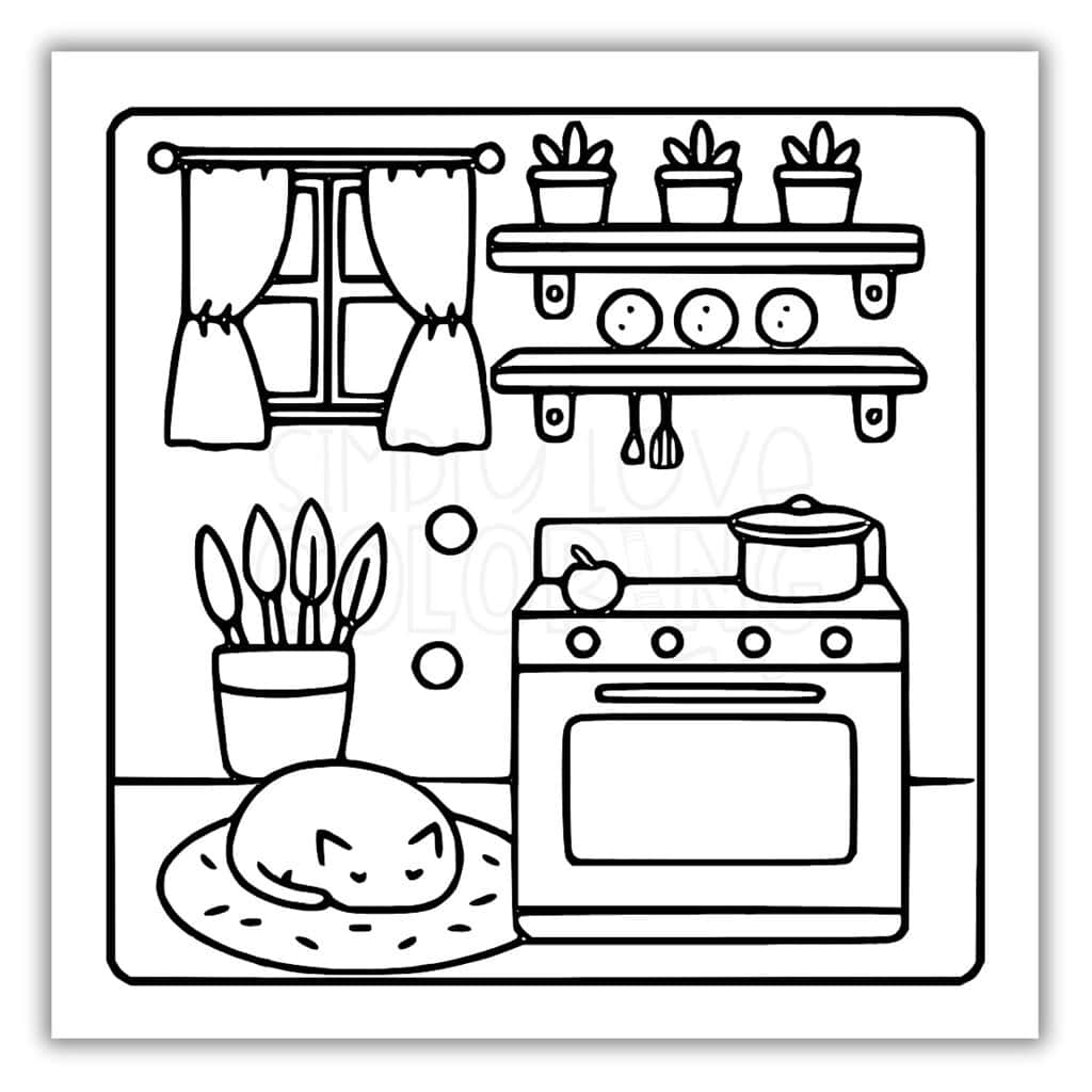 Cat Sleeping By Oven Coloring Page