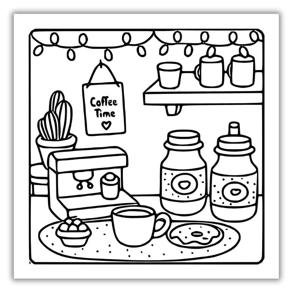 Coffee Time Cozy Kitchen Coloring Page