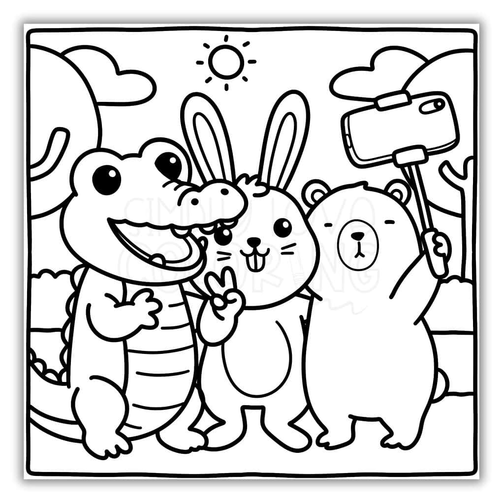Cozy Capybara and Friends Taking a Selfie Coloring Sheet