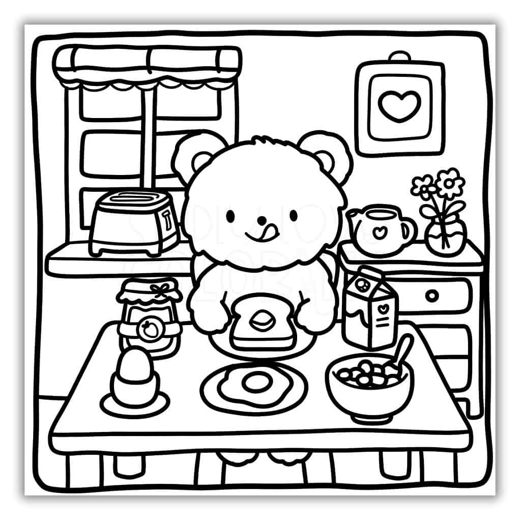 Cute Bear Eating Breakfast Coloring Page