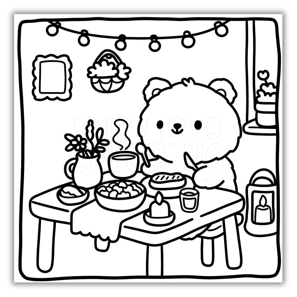 Cute Bear Eating Coloring Sheet