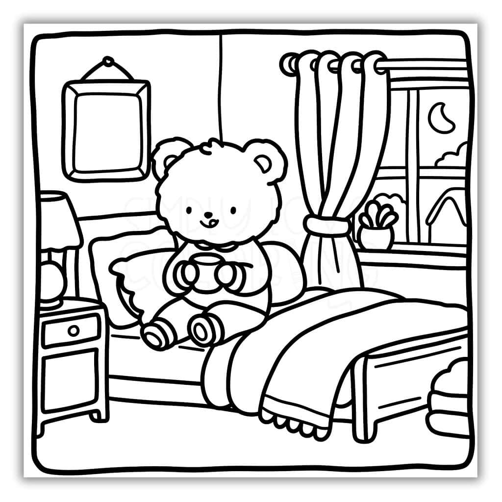 Cute Bear Enjoying Coffee in Bed Coloring Page