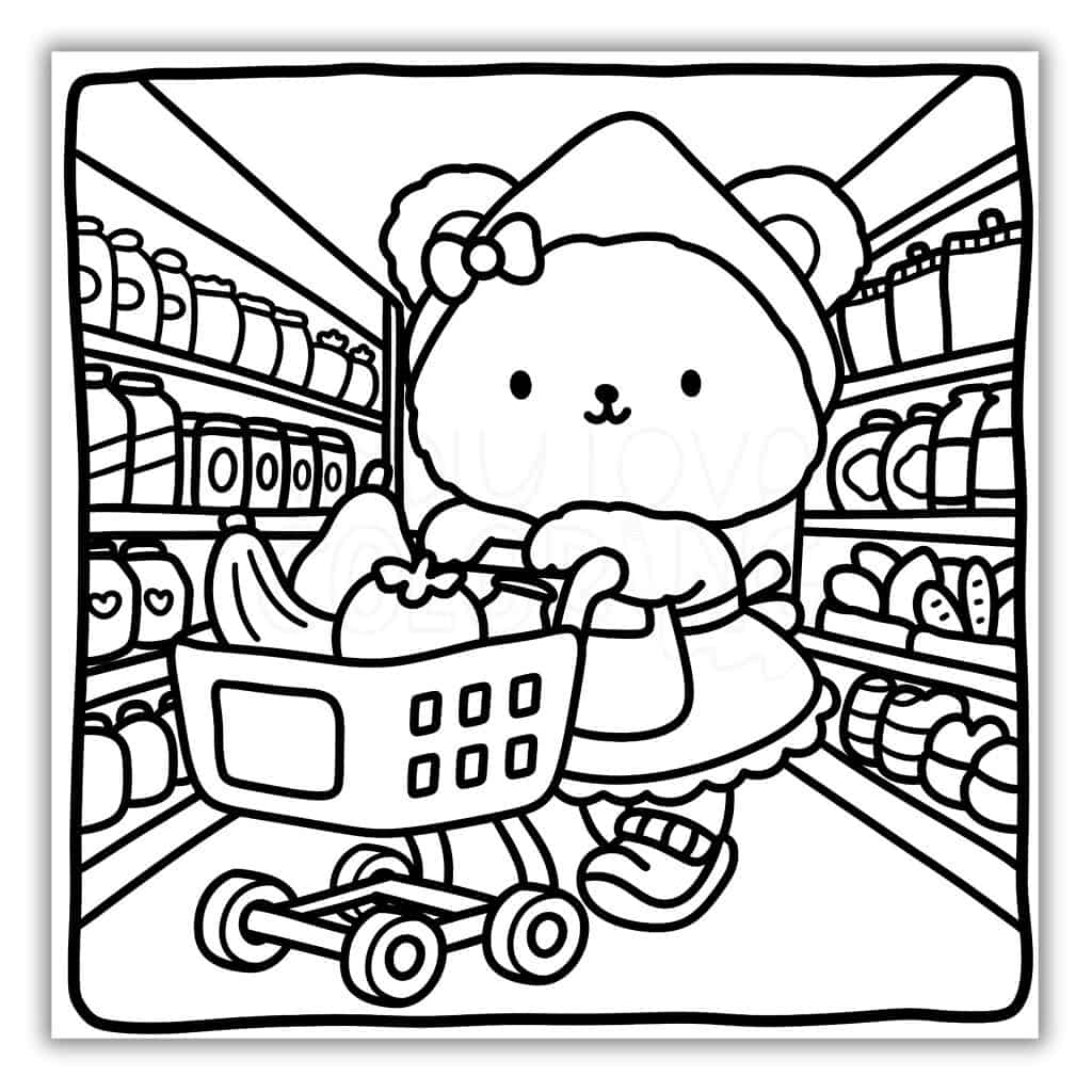 Cute Bear Pushing Shopping Cart Coloring Page
