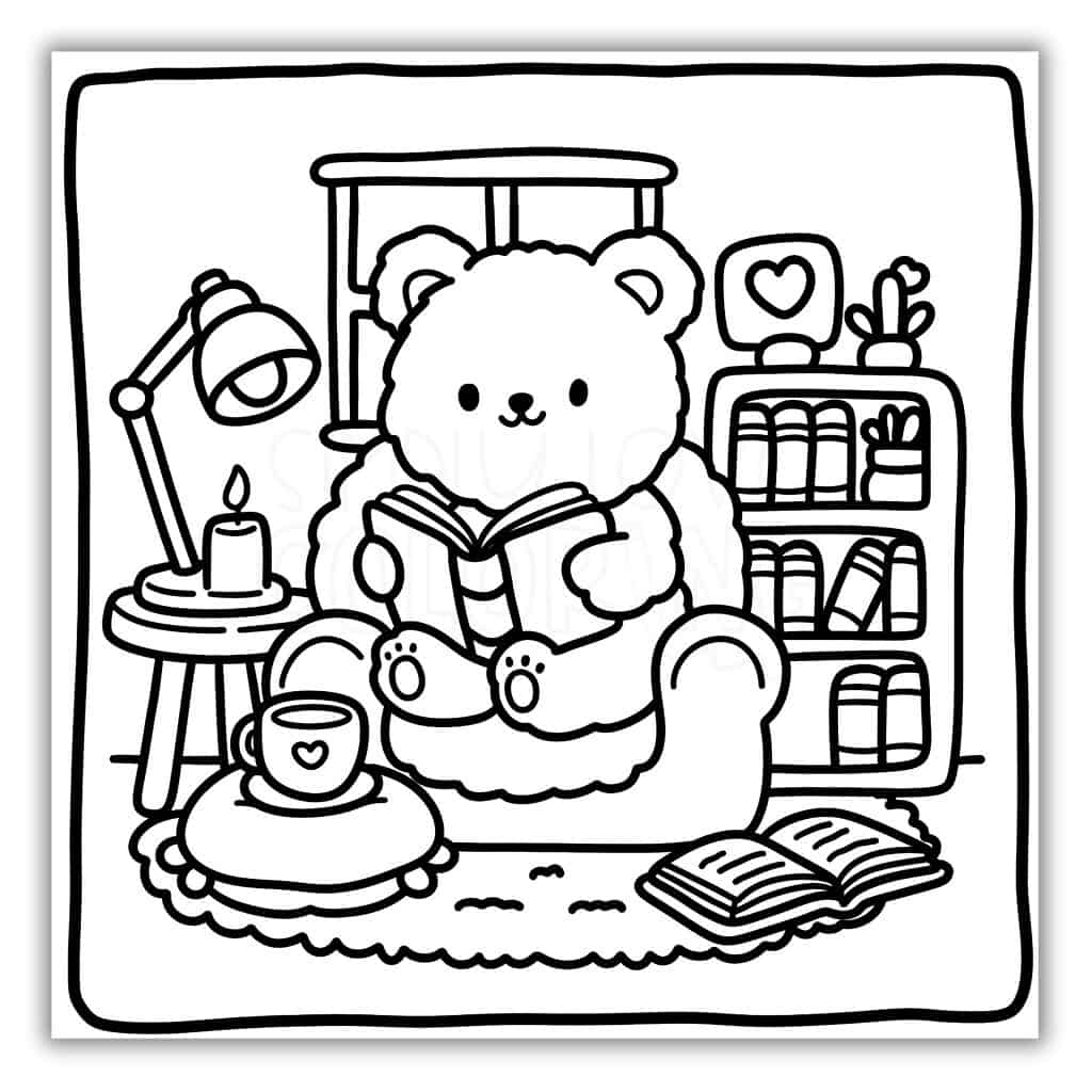 Cute Bear Reading a Book Coloring Page