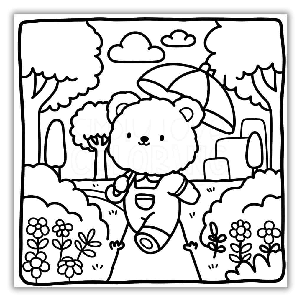 Cute Bear Taking a Walk Coloring Page