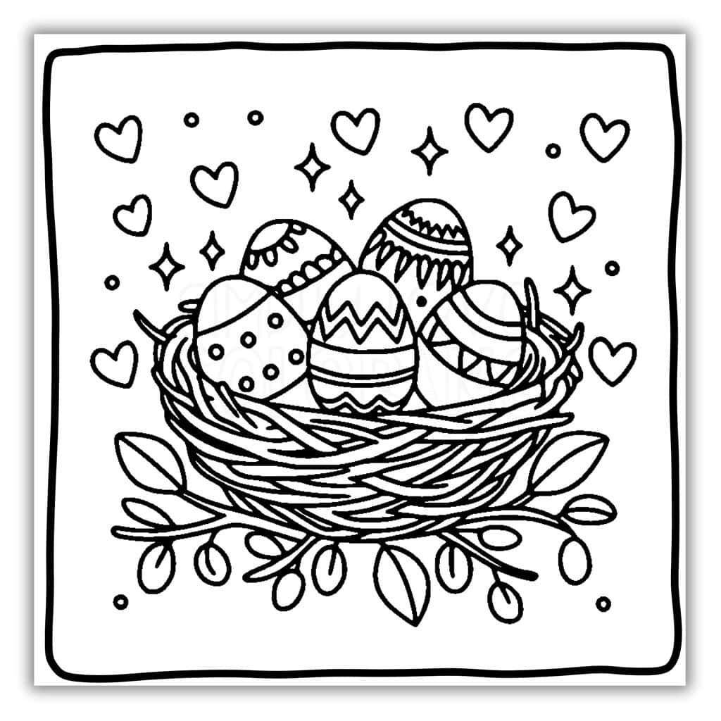 Decorated Eggs in Bird Nest Coloring Sheet