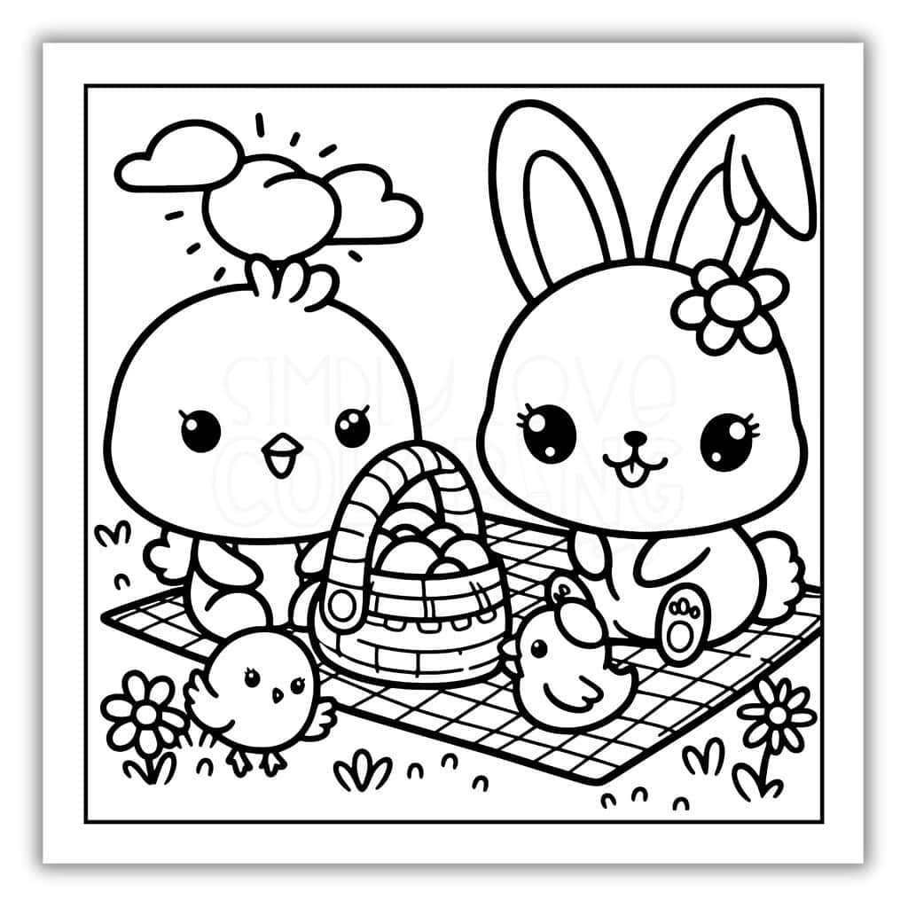 Easter Bunny and Friend Sitting on Blanket Coloring Page