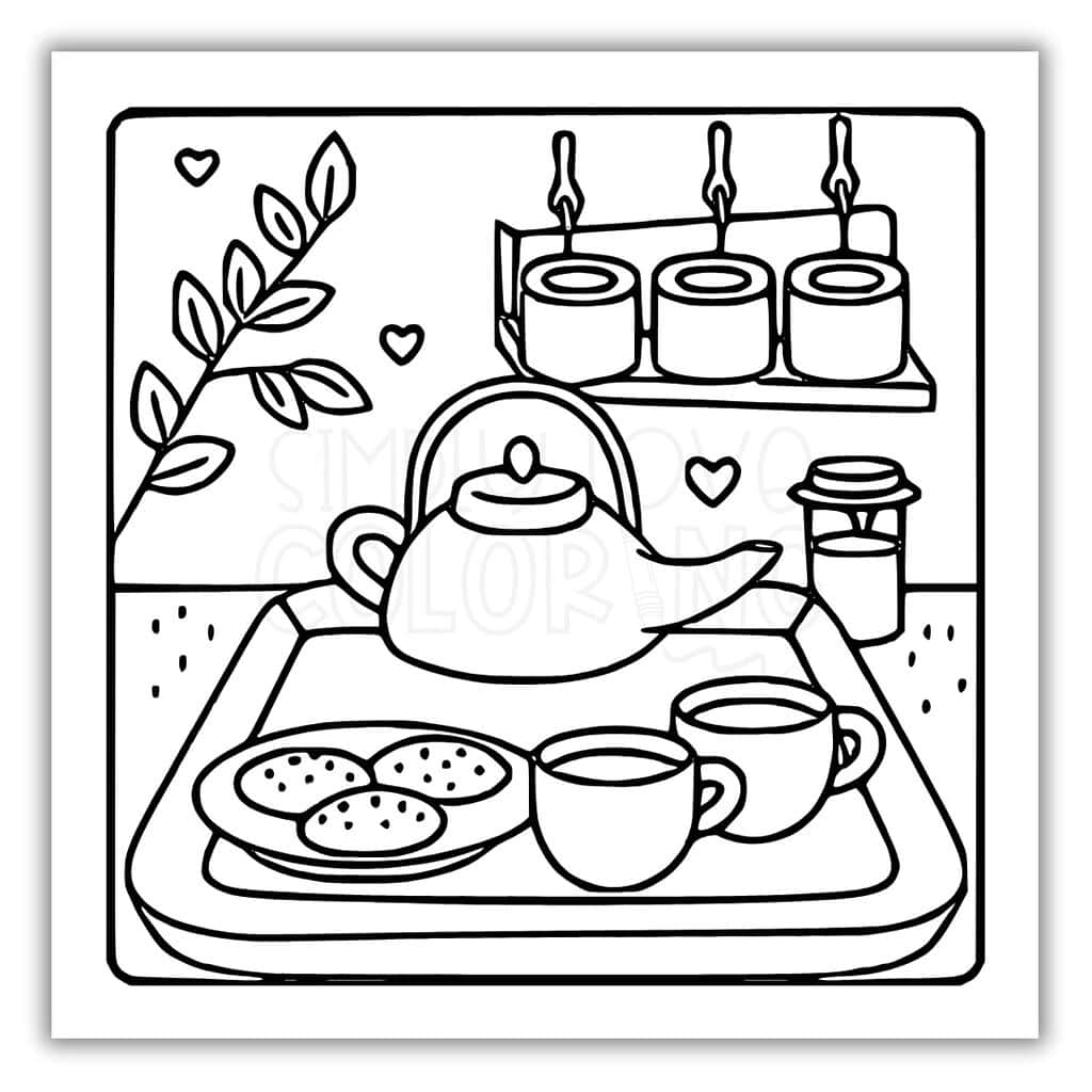 Tea Kettle and Teacups on Tray Coloing Page