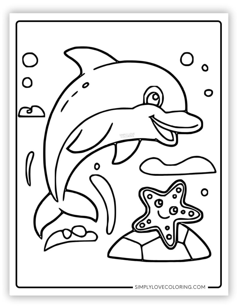 Cute Dolphin and Starfish Sea Creatures Coloring Page