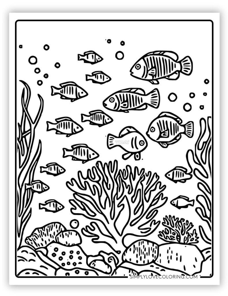 School of Fish Sea Creatures Coloring Page