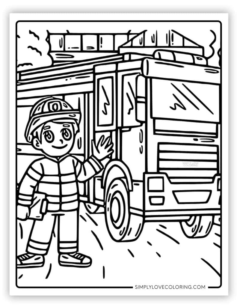 Firefighter waving by Fire Truck Coloring Pages