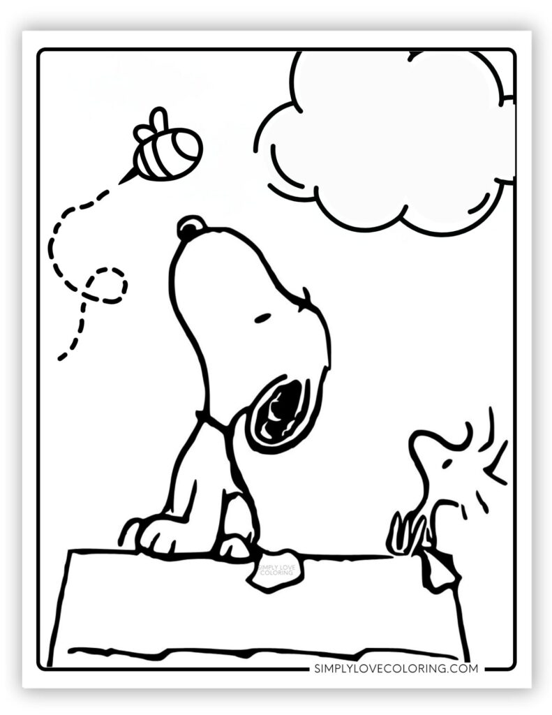 Snoopy and Woodstock Looking at Bee Peanuts Coloring Pages