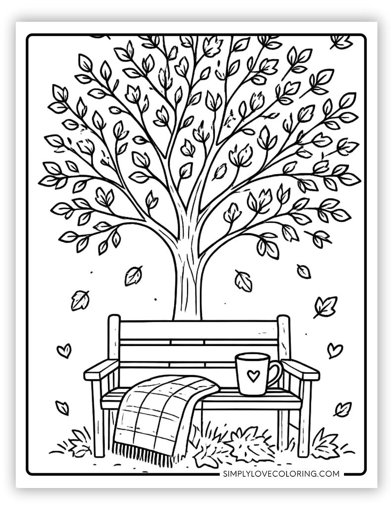 Bench with Fall Leaves Falling From Tree