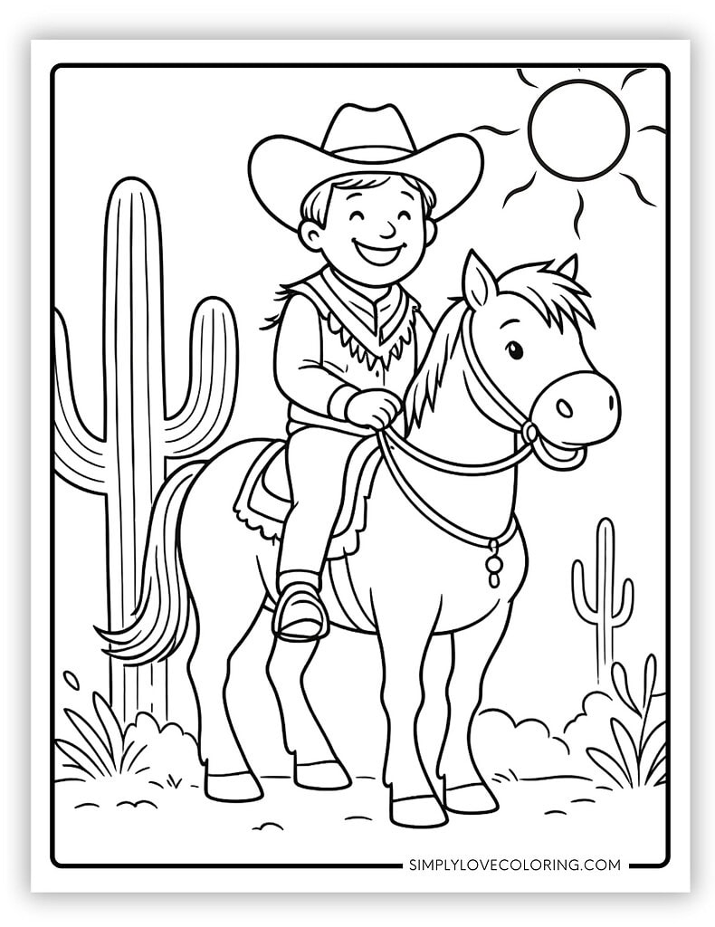 Cowboy Riding Near Cactus