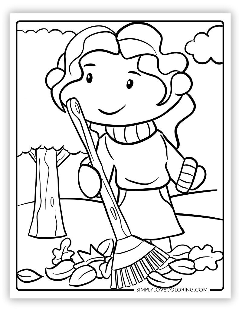 Cute Girl Raking Fall Leaves