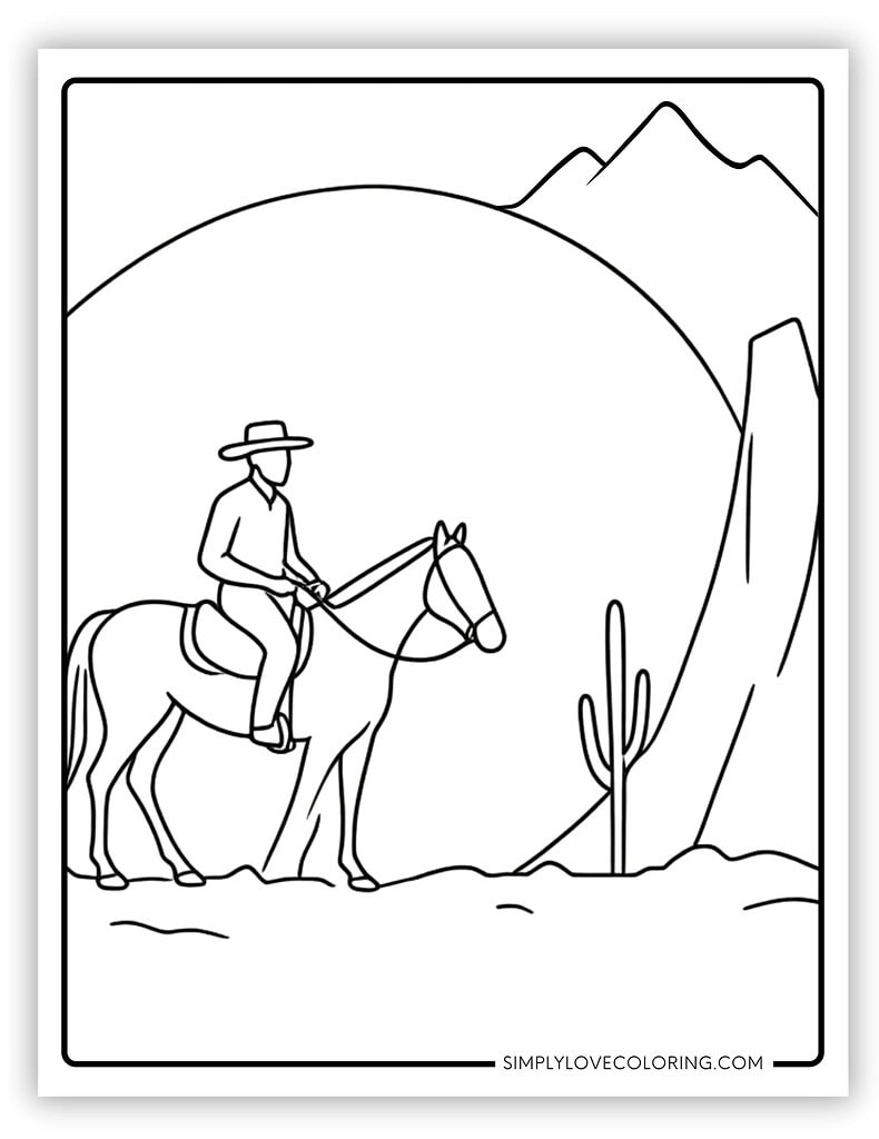 Line Art of Cowboy Riding Into Sunset
