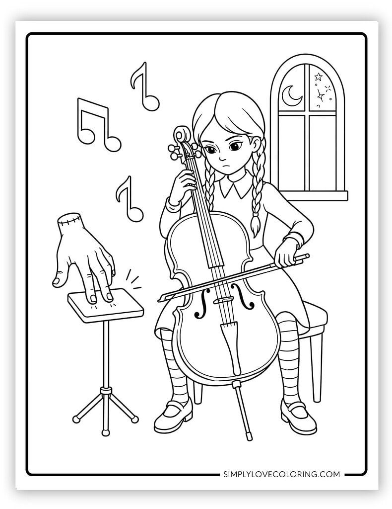 Cute Wednesday Playing Cello Wednesday Coloring Pages