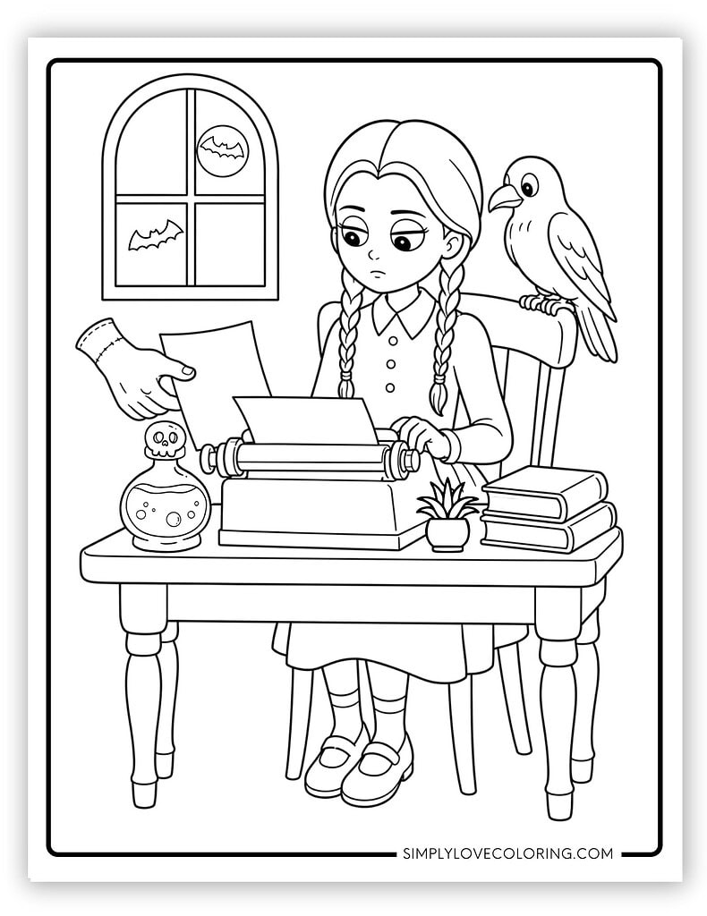 Cute Wednesday Typing with Thing Wednesday Coloring Pages