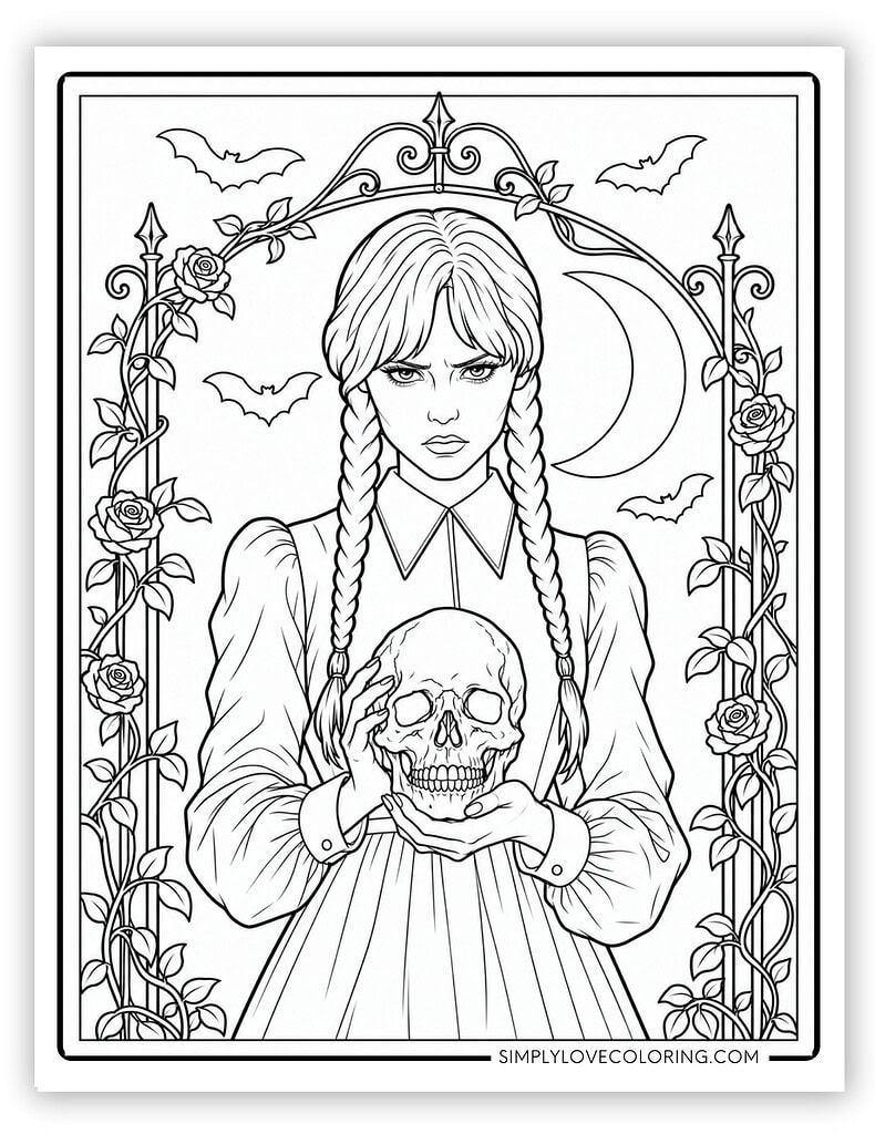 Wednesday Holding Spooky Skull Wednesday Coloring Pages