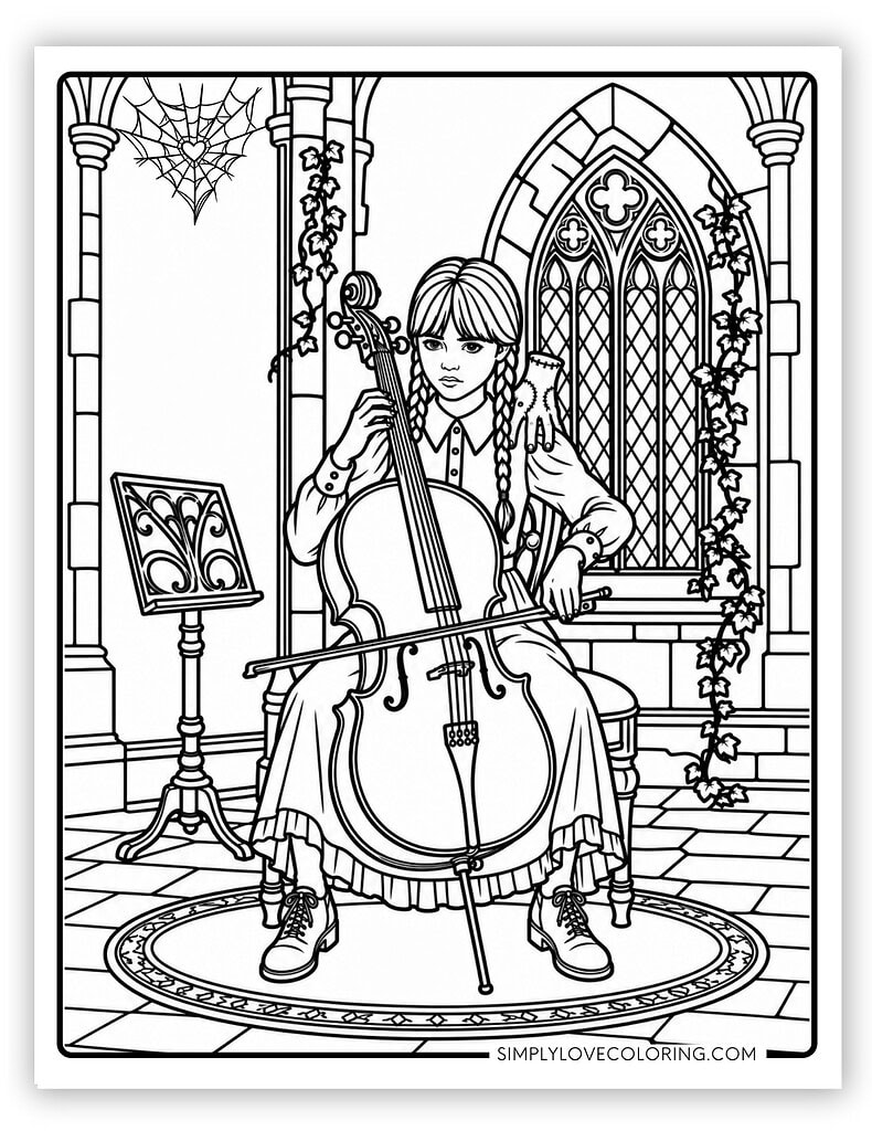Wednesday Playing Cello with Thing Wednesday Coloring Pages